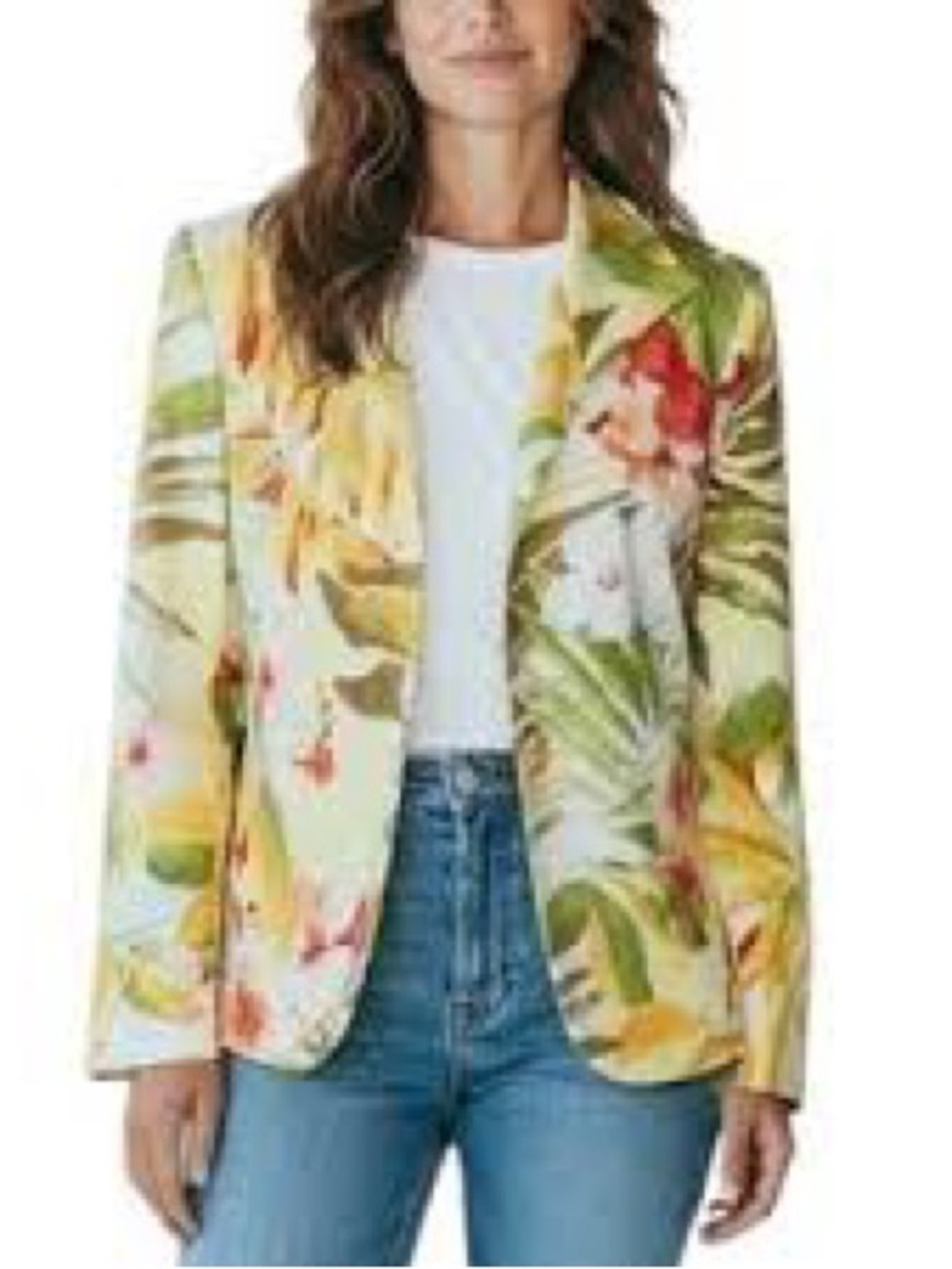 Linda Allard Tropical Floral Open Blazer in Yellow, Green & Pink